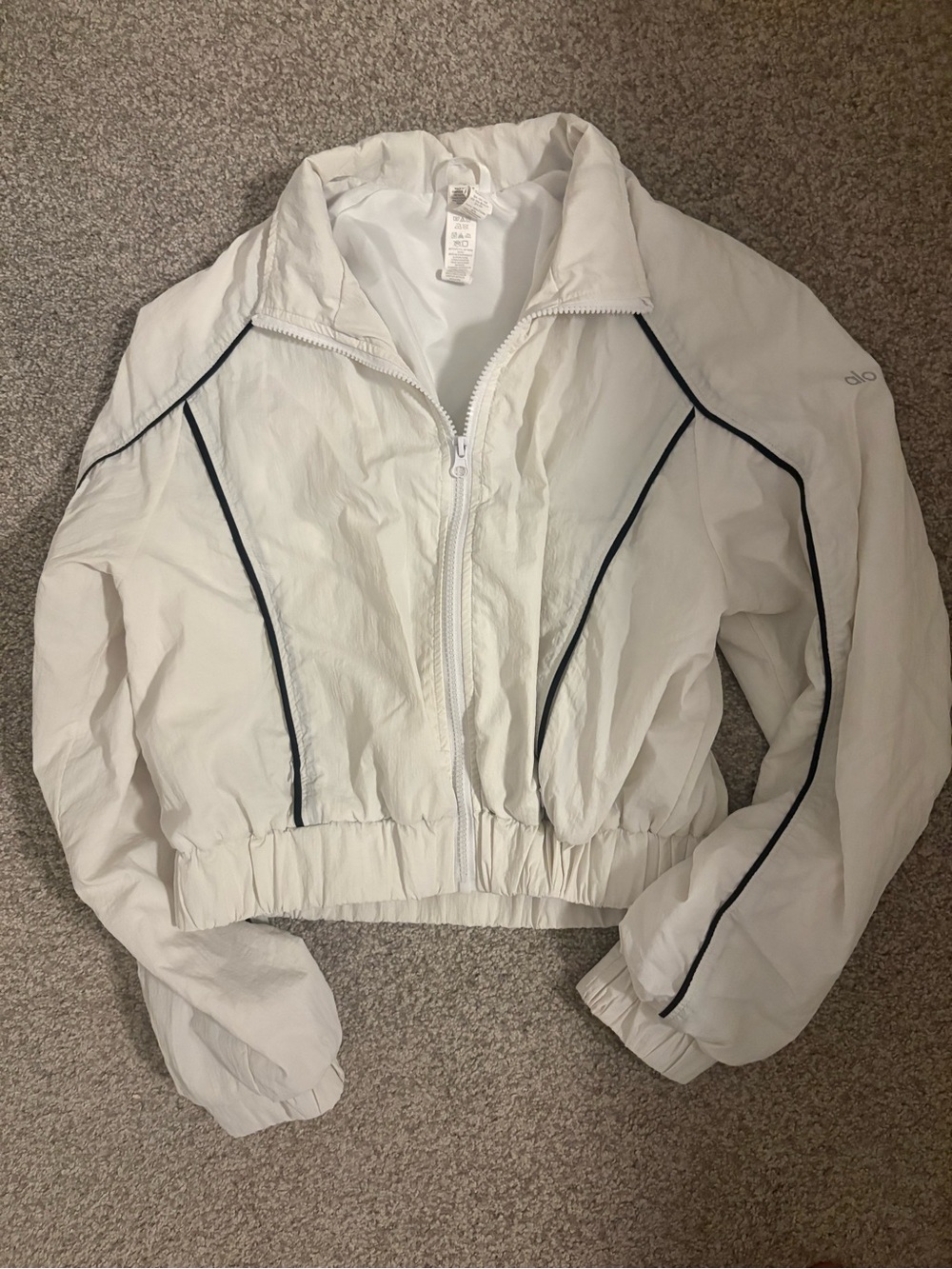 ALO Yoga White Cropped Bomber Jacket with Black Piping